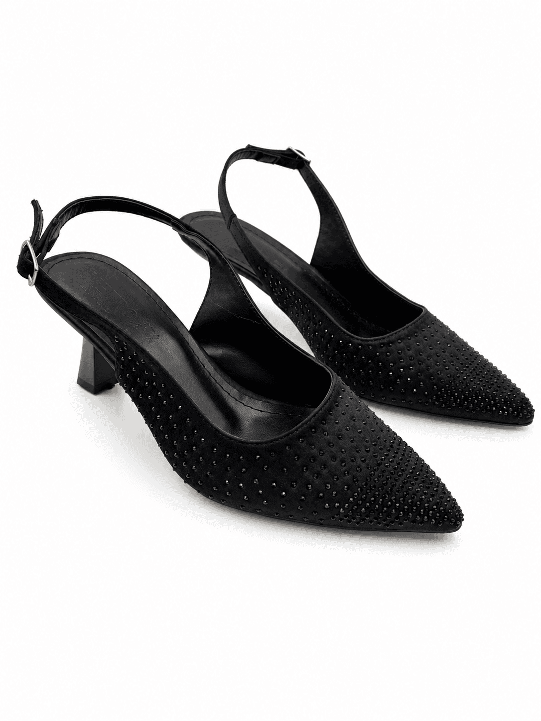 Taş Detaylı Siyah Slingback Topuklu Ayakkabı