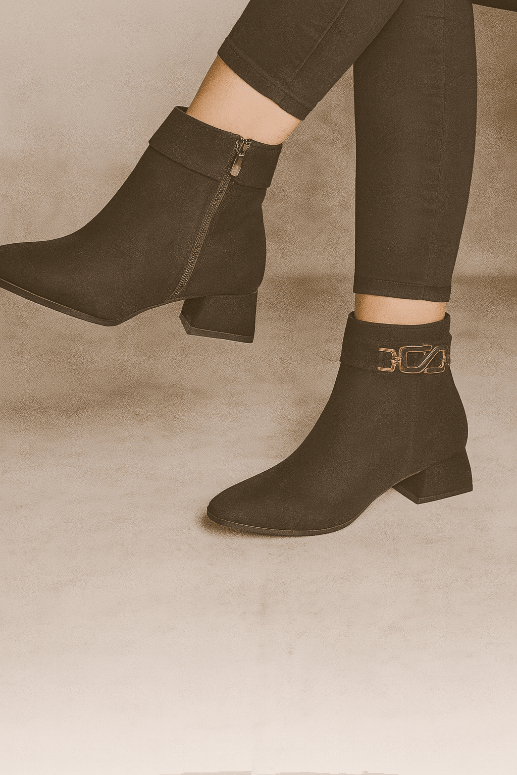 Siyah Süet Gold Toka Detaylı Rahat Kalın Topuklu Kadın Günlük & Şehir Stili Kısa Bot