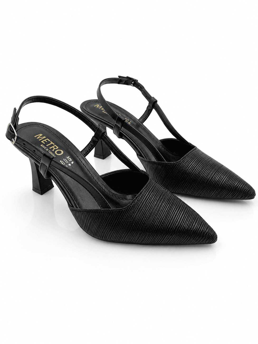 Şık Siyah Slingback Sivri Burun Topuklu Ayakkabı