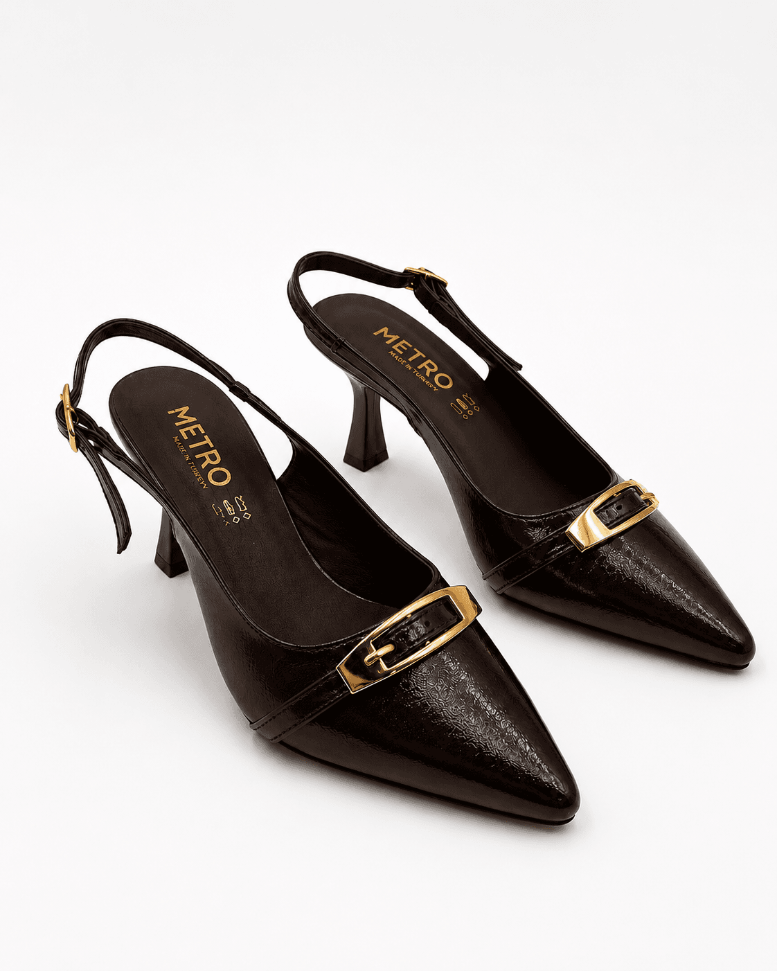 Kadın Kahve Rugan Tokalı Slingback Topuklu Ayakkabı – Sivri Burun Şık Model