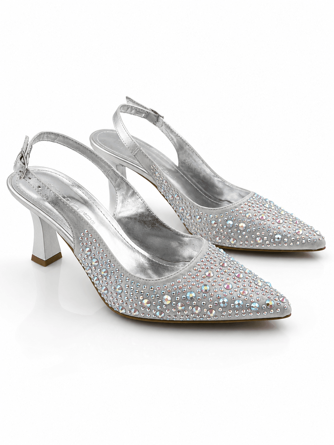 Işıltılı Taş Detaylı Gümüş Slingback Topuklu Ayakkabı