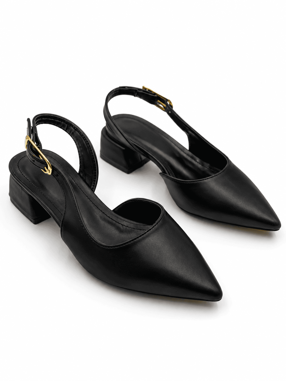 Siyah Mat Sivri Burun Kısa Topuklu Kadın Slingback Ayakkabı
