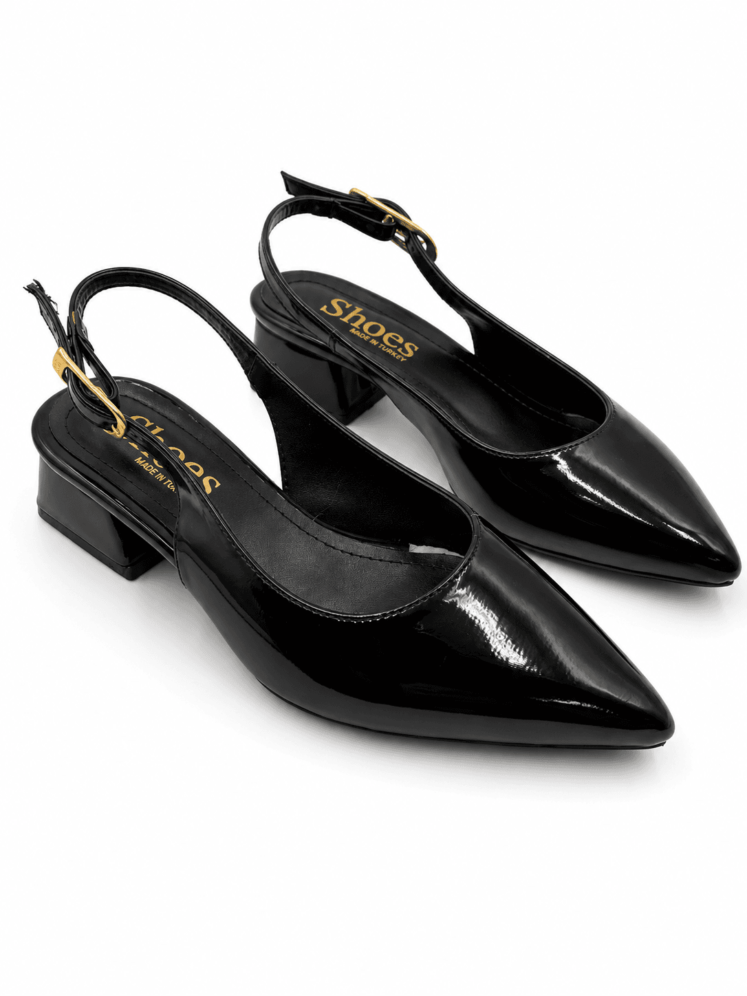 Siyah Rugan Sivri Burun Kısa Topuklu Kadın Slingback Ayakkabı