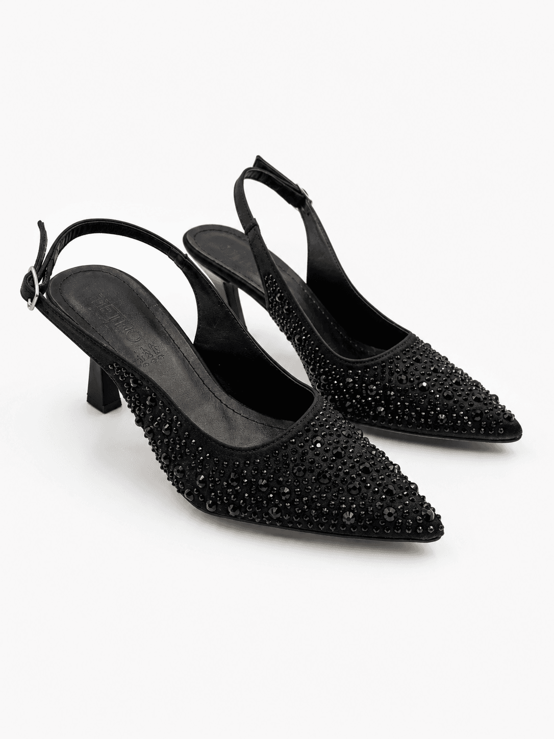 Taş Detaylı Siyah Sivri Burun Kadın Topuklu Ayakkabı – Şık Slingback Model
