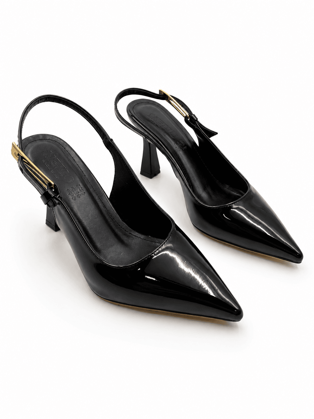 Siyah Rugan Slingback Topuklu Kadın Ayakkabı – Gold Tokalı Şık Tasarım